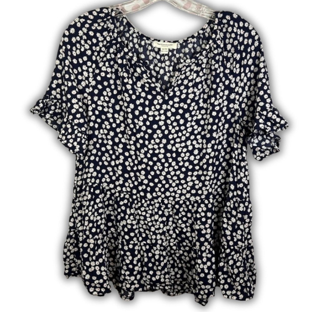 Beach Lunch Lounge Navy White Daisy Print Ruffle Peasant‎ Tunic Top XS Oversized